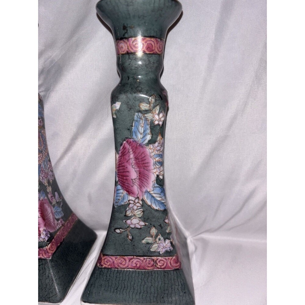 Vintage Famille Rose Porcelain Candlestick Holders 8.5" - Picture 3 of 8